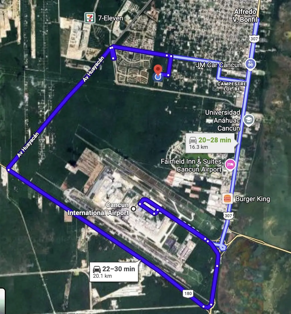 Route from Cancún airport to OMA